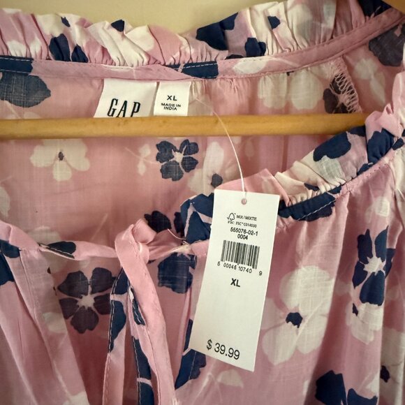 GAP Pink Floral Pink Tie Neck Zen Blouse Sleeve -XL - Picture 11 of 12